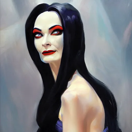 Image similar to greg manchess portrait painting of morticia from addams family as overwatch character, medium shot, asymmetrical, profile picture, organic painting, sunny day, matte painting, bold shapes, hard edges, street art, trending on artstation, by huang guangjian and gil elvgren and brom