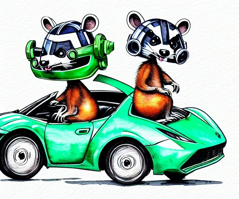 Prompt: cute and funny, racoon wearing a helmet riding in a tiny 2 0 2 0 lamborghini huracan sto, ratfink style by ed roth, centered award winning watercolor pen illustration, isometric illustration by chihiro iwasaki, edited by range murata