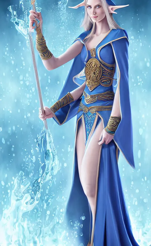 Image similar to elf female sorcerer doing water magic spells, blue robes, exquisite details, full body character design on a white background, by studio muti