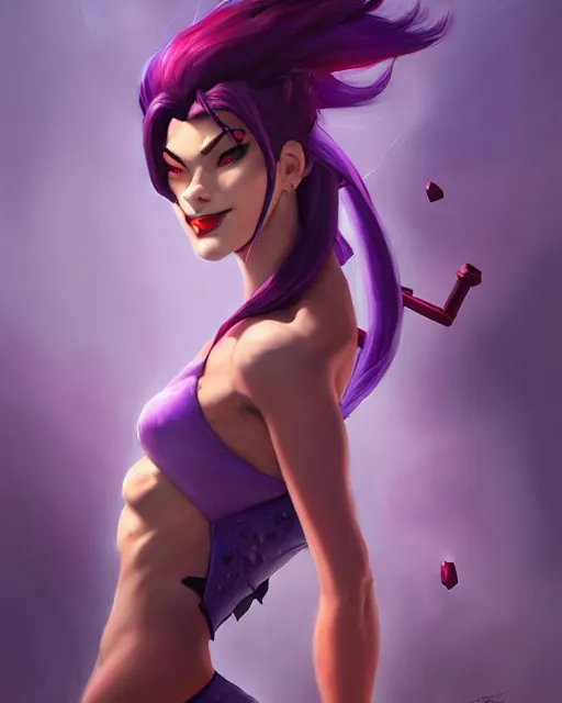 Prompt: widowmaker from overwatch with purple skin wearing red lace halter top, perfect face, dark blue hair, abs, cinematic, stunning, athletic, strong, agile, highly detailed, psychedelic, digital painting, artstation, smooth, hard focus, illustration, art by jessica rossier and and brian froud