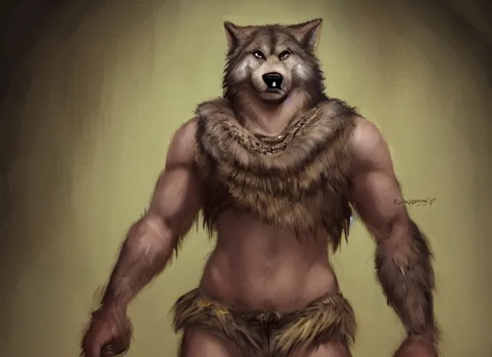 Prompt: burly tough character feature portrait of the anthro male anthropomorphic wolf fursona animal person wearing tribal primitive caveman loincloth outfit full wolf fur body standing in the entrance to the cave, perfect framed character design stylized by charlie bowater, ross tran, artgerm, makoto shinkai, detailed, soft lighting, rendered in octane masterpiece