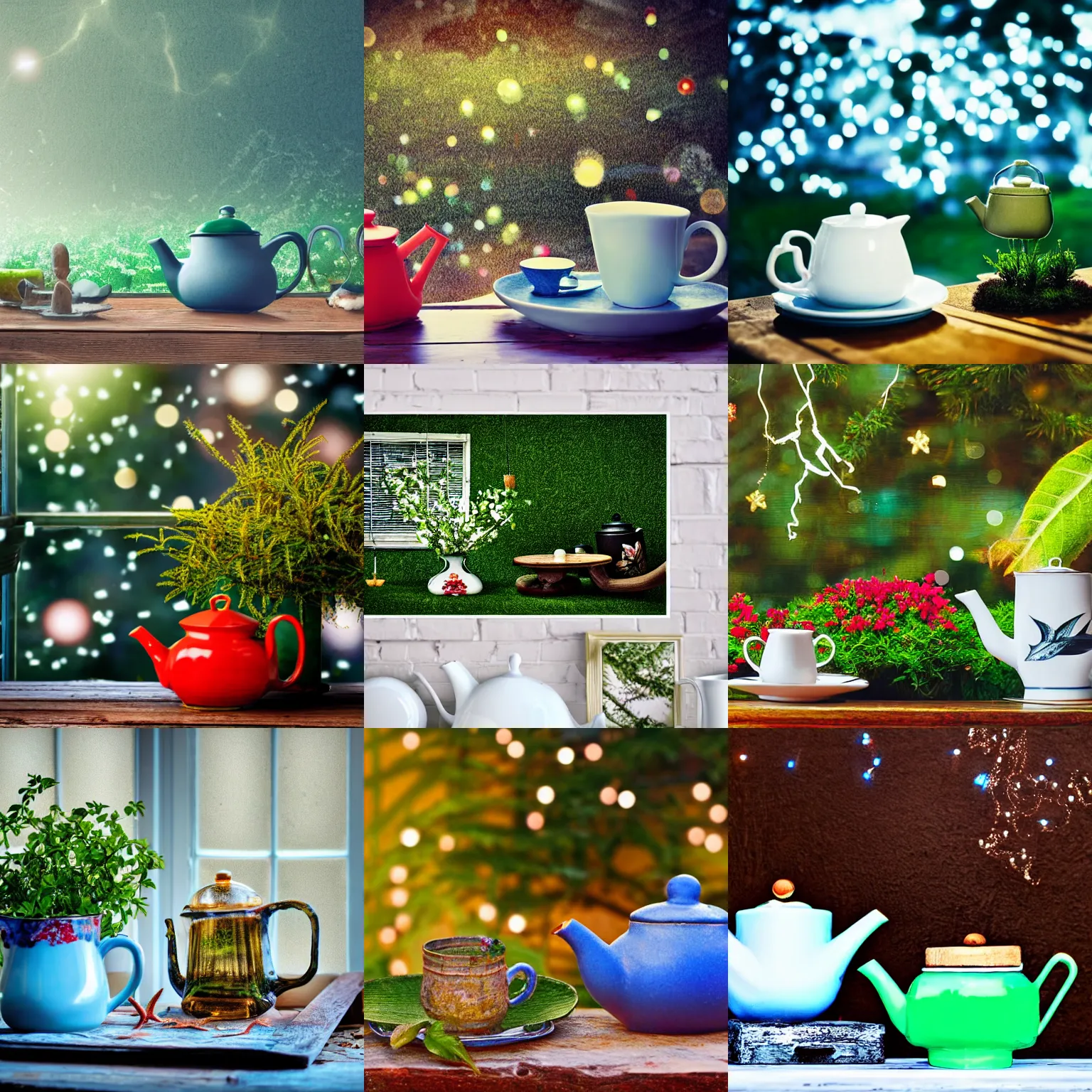 Prompt: winter garden with a teapot and seaside pictures on a table, green lightning, bokeh, artistic