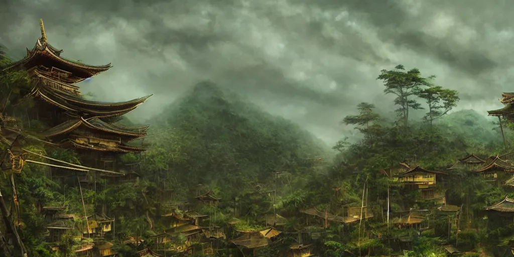 Image similar to A gigantic standing haunted samurai guardian dominates a huge hidden bamboo village in the jungle, evening, ominous sky, flags, Matte Painting, Craig Mullins