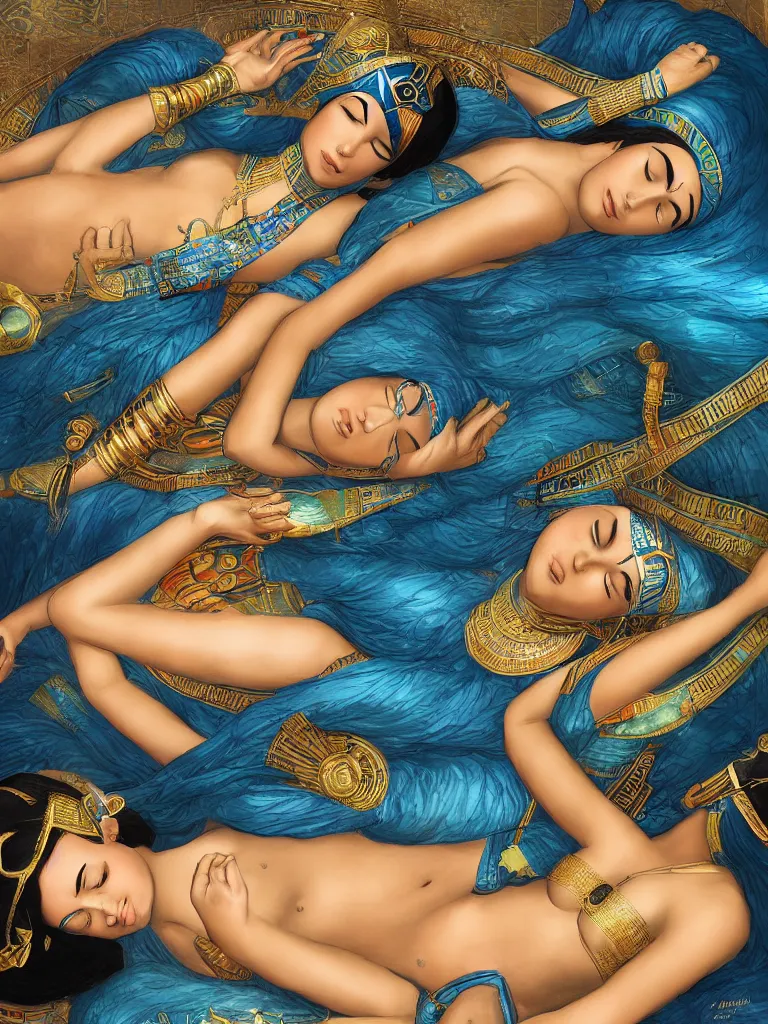 Prompt: beautiful female ancient Egyptian goddesses lying down asleep together next to the river Nile, blue lotus flowers grow around them as they sleep peacefully, intoxicated by the perfume, by Marc Simonetti