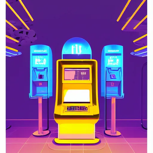 Prompt: An Illustration of a futuristic ATM of Solana cryptocurrency, by James Gilleard and Bruce Pennington, highly detailed,
