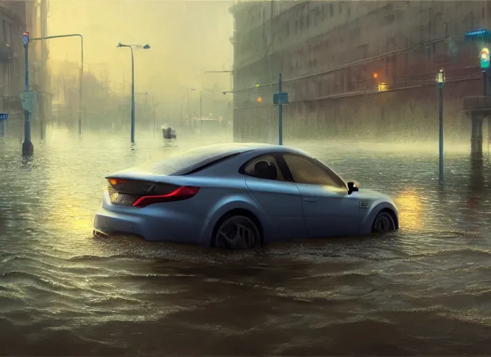 Image similar to a car driving through shallow water, flooded city, people walking through shallow water, muted colors, hyperrealistic, oil painting, intricate, cgsociety, artstation, 8 k, cinematic, soft lighting, by greg rutkowski, by wlop, by artgerm