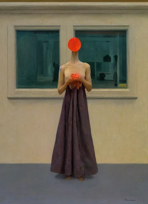 Image similar to woman in dress made from plastic bag with paper bags for clothes standing inside paper bags with paper bag over the head at store display Edward Hopper and James Gilleard, Zdzislaw Beksinski, highly detailed