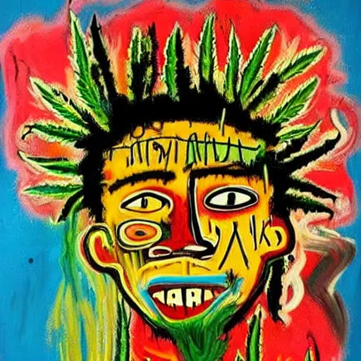 Image similar to Jean Michel Basquiat painting of beautiful psychadelic marijuana weed leaf, swirling corful smoke emerging from a pot leaf stoner Jean-Michel Basquiat