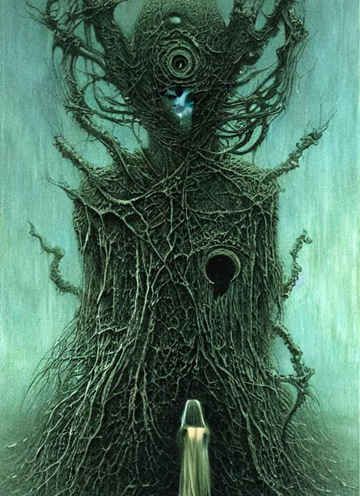 Image similar to lovecraftian teen girl by Beksinski and Luis Royo