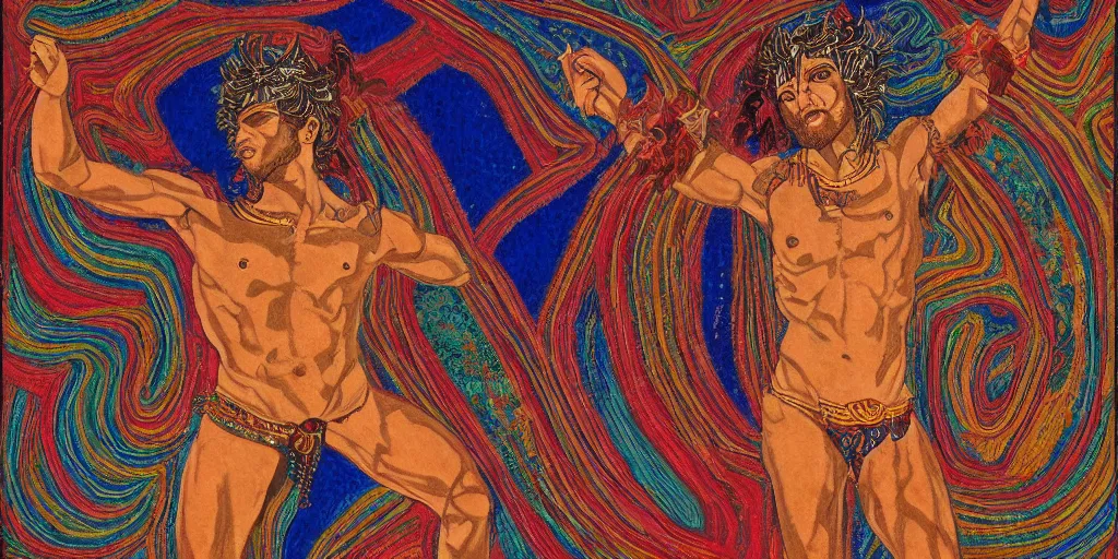 Image similar to an abstract spiritual background, a punk greek god dancing, clear eyes. 2 4 mm, photorealistic, muted color scheme, directed by mati klarwein