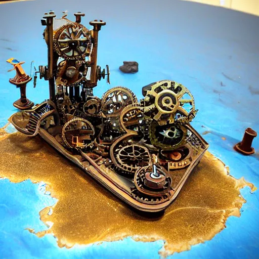 Image similar to a steampunk city on mechanical legs in the ocean