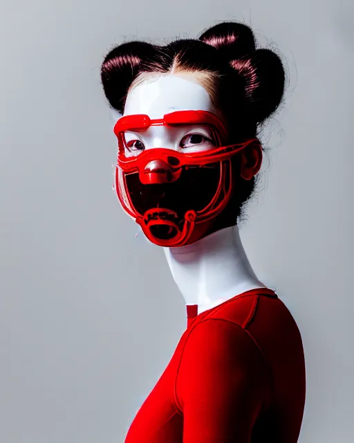 Image similar to portrait of a woman wearing a red embroidered translucent silicone mask and white frizzy hair buns, wearing a black bodysuit, cream white background, soft diffused light, biotechnology, humanoide robot, sterile light, futuristic aesthetic, translucent, ethereal, intricate details, highly detailed, masterpiece,