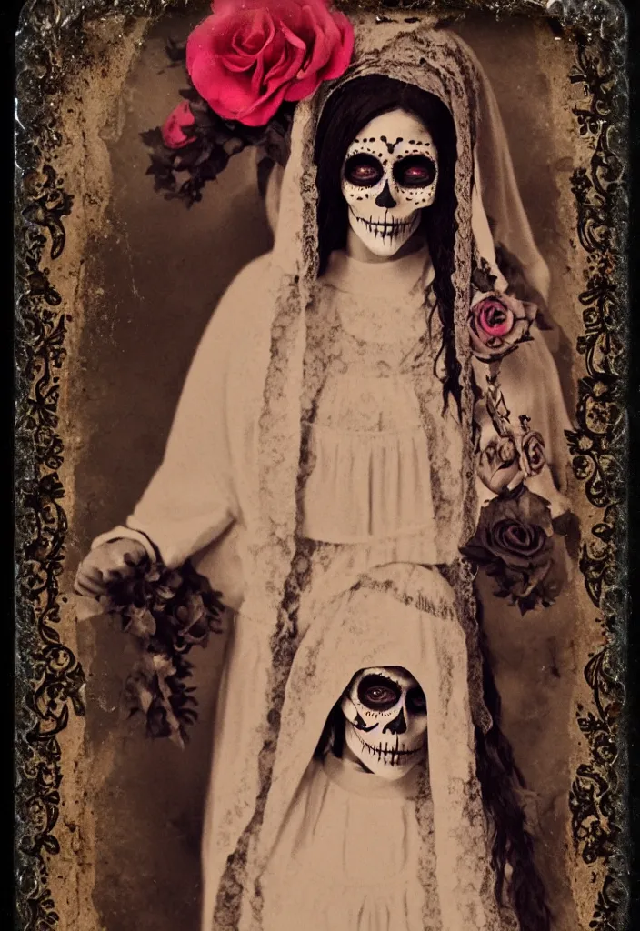 Prompt: tintype full body view, one womanvirgin mary, dia de muertos dress and make up, intricate, highly detailed,