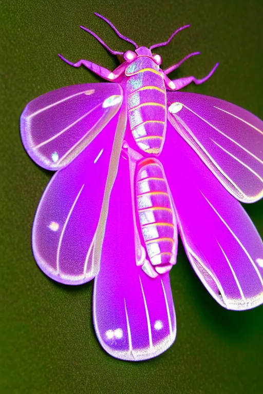 Image similar to high quality close-up photo pearlescent translucent moth! jeweled gorgeous! highly detailed david ligare elson peter cinematic purple neon lighting high quality low angle hd 8k sharp shallow depth of field