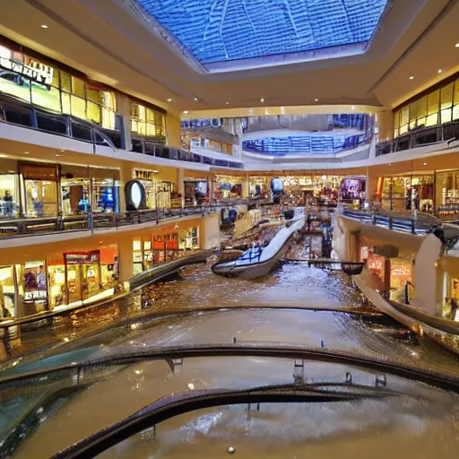 Prompt: photo of inside a shopping mall the inside is flooded with over 7 meters of water clear beautiful water, highly detailed.