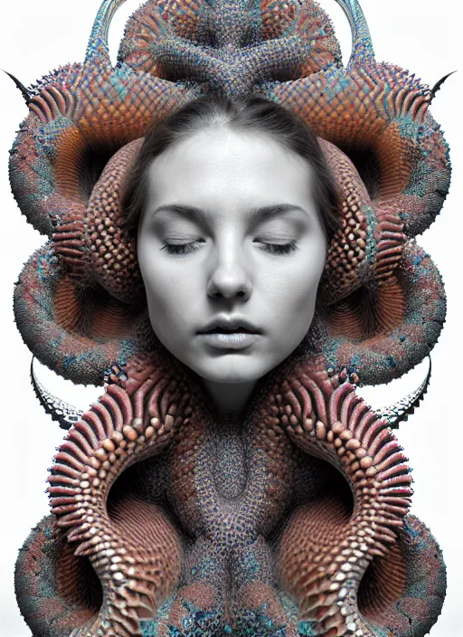 Image similar to ridiculously beautiful young womans face, radiating fractals of 3 d snake skin, blooming, portals into dimensions, coral, birds, symmetrical, in the style of ernst haeckel, effervescent, sacred geometry, surrealism, photo realistic, epic and cinematic, 3 d, clear, sharp,