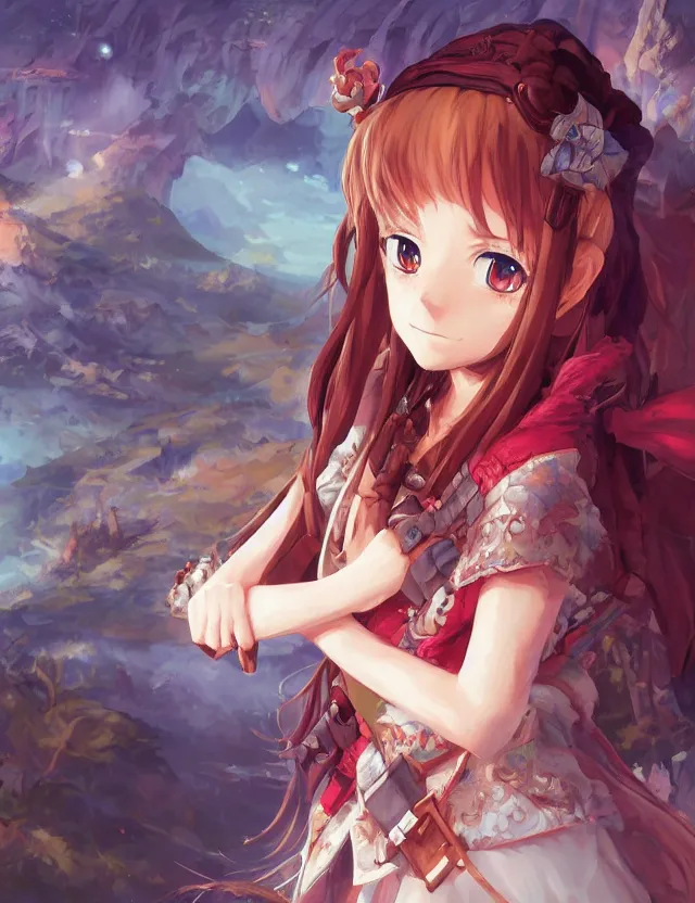 Image similar to scenic wide angle portrait of a teenage girl, thrifty bard outfit, anime in fantasy style, trending artwork, painted in anime painter studio, by anato finstark, tony sart, marc simonetti and an anime artist, collaboration