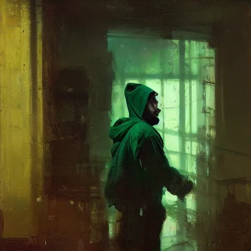 Image similar to portrait of a chad programmer with green hood by jeremy mann, dramatic lighting