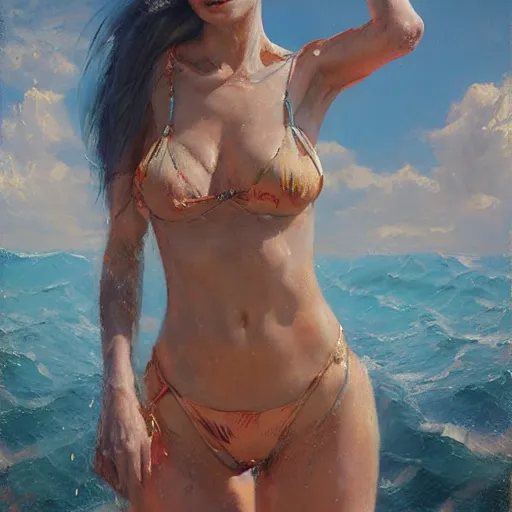 Image similar to bikini girl, expressive oil painting, by yoshitaka amano, by greg rutkowski, by jeremy lipking, by artgerm,, h e giger, digital art, octane render