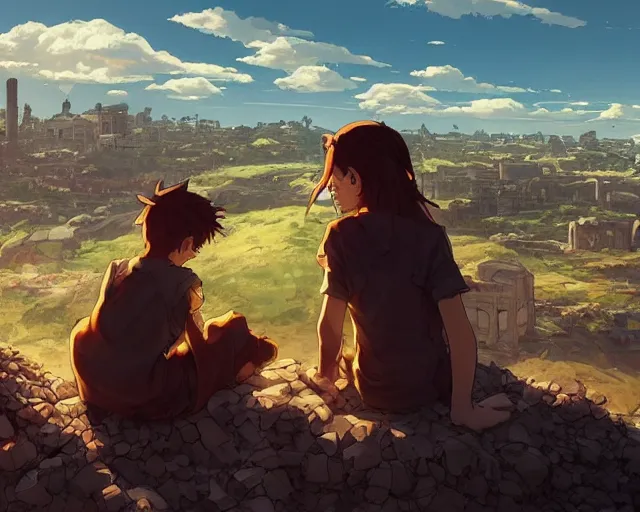 Image similar to a boy and a girl sitting on a hill overlooking the apocalyptic ruins of a city, rubble, ruins, post-apocalyptic, gloomy, end of the world, dust. Girl has long, flowing auburn hair. By Makoto Shinkai, Stanley Artgerm Lau, WLOP, Rossdraws, James Jean, Andrei Riabovitchev, Marc Simonetti, krenz cushart, Sakimichan, D&D trending on ArtStation, digital art.