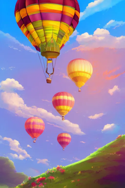 Prompt: one colorful hot air balloon, floating over a grassy chocolate - shaped hills, magical, colorful, fantastic lighting, amazing details, 4 k uhd, illustration by hayao miyazaki style, artstation, pixiv, pixels