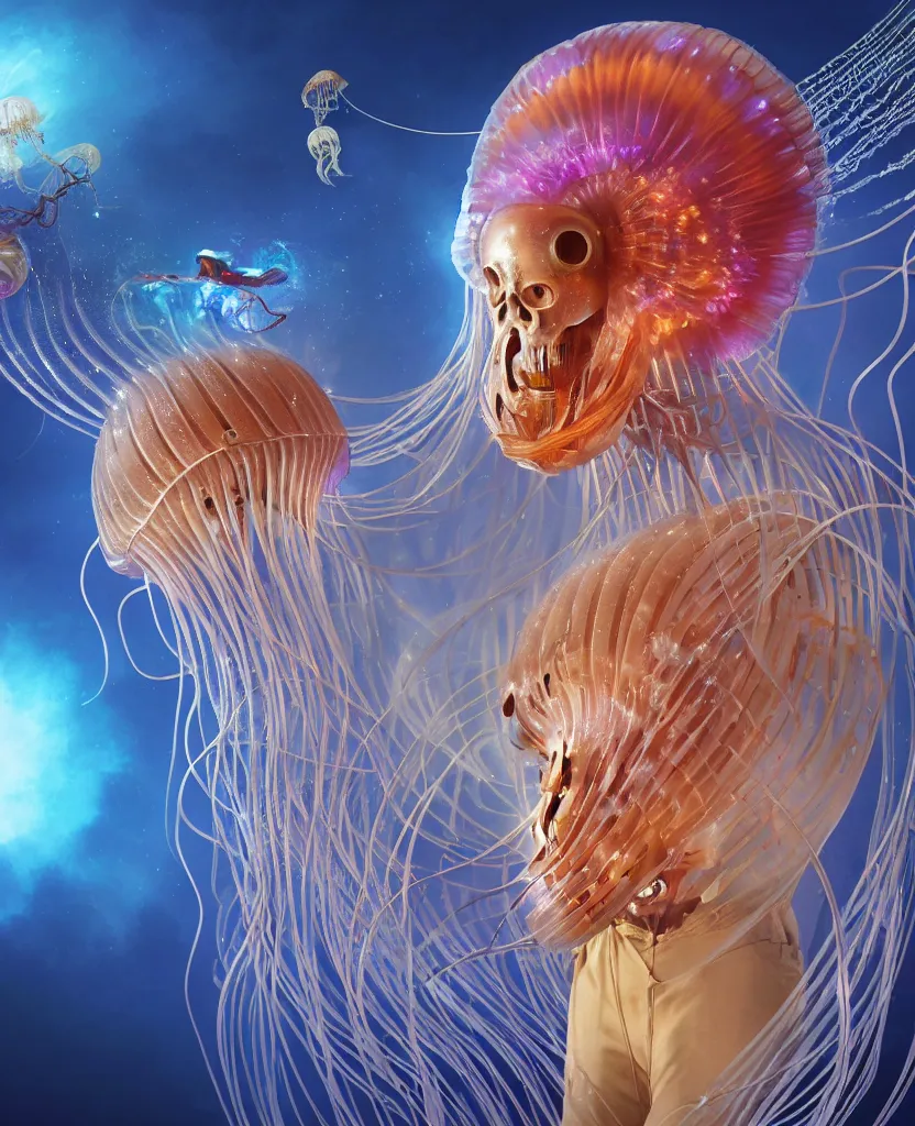 Image similar to close-up portrait of the face of a beautiful princess in a twisted flowers jellyfish mask in a spaceman suit surrounded by energy flow, epic angle and pose, symmetrical artwork, 3d with depth of field, blurred background, floating jellyfish skull phoenix bird, translucent, nautilus, energy flows of water and fire. a highly detailed epic cinematic concept art CG render. made in Maya, Blender and Photoshop, octane render, excellent composition, cinematic dystopian brutalist atmosphere, dynamic dramatic cinematic lighting, aesthetic, very inspirational, arthouse. y Greg Rutkowski, Ilya Kuvshinov, WLOP, Stanley Artgerm Lau, Ruan Jia and Fenghua Zhong