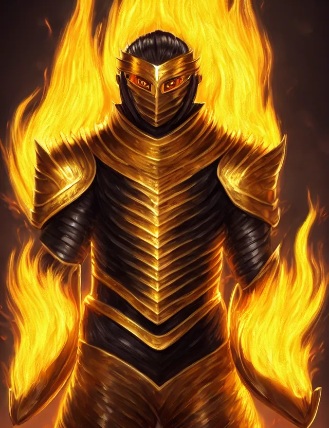 Image similar to a detailed manga portrait of a black haired man with hazel eyes in gleaming golden armour that burns with golden fire, trending on artstation, digital art, 4 k resolution, detailed, high quality, sharp focus, hq artwork, coherent, insane detail, character portrait