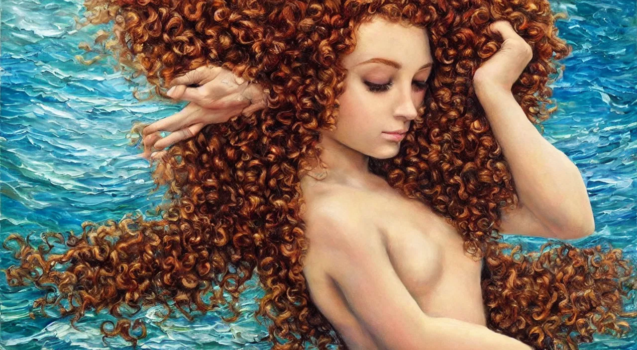 Prompt: real mermaid, oil painting, beautiful, curly hair, hd,