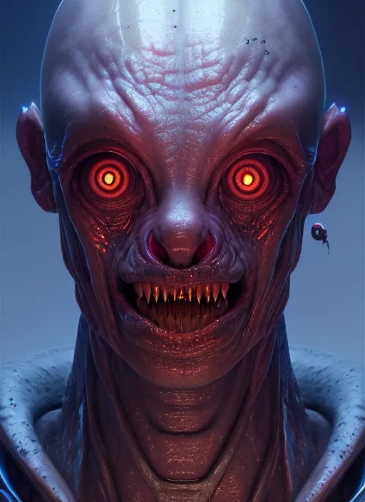 Image similar to portrait of a space alien, varying detailed skin, octane render, piercing glowing eyes, realistic render, detailed, ugly, slimy unreal engine, symmetrical!!, greg rutkowski and ruan jia, cinematic