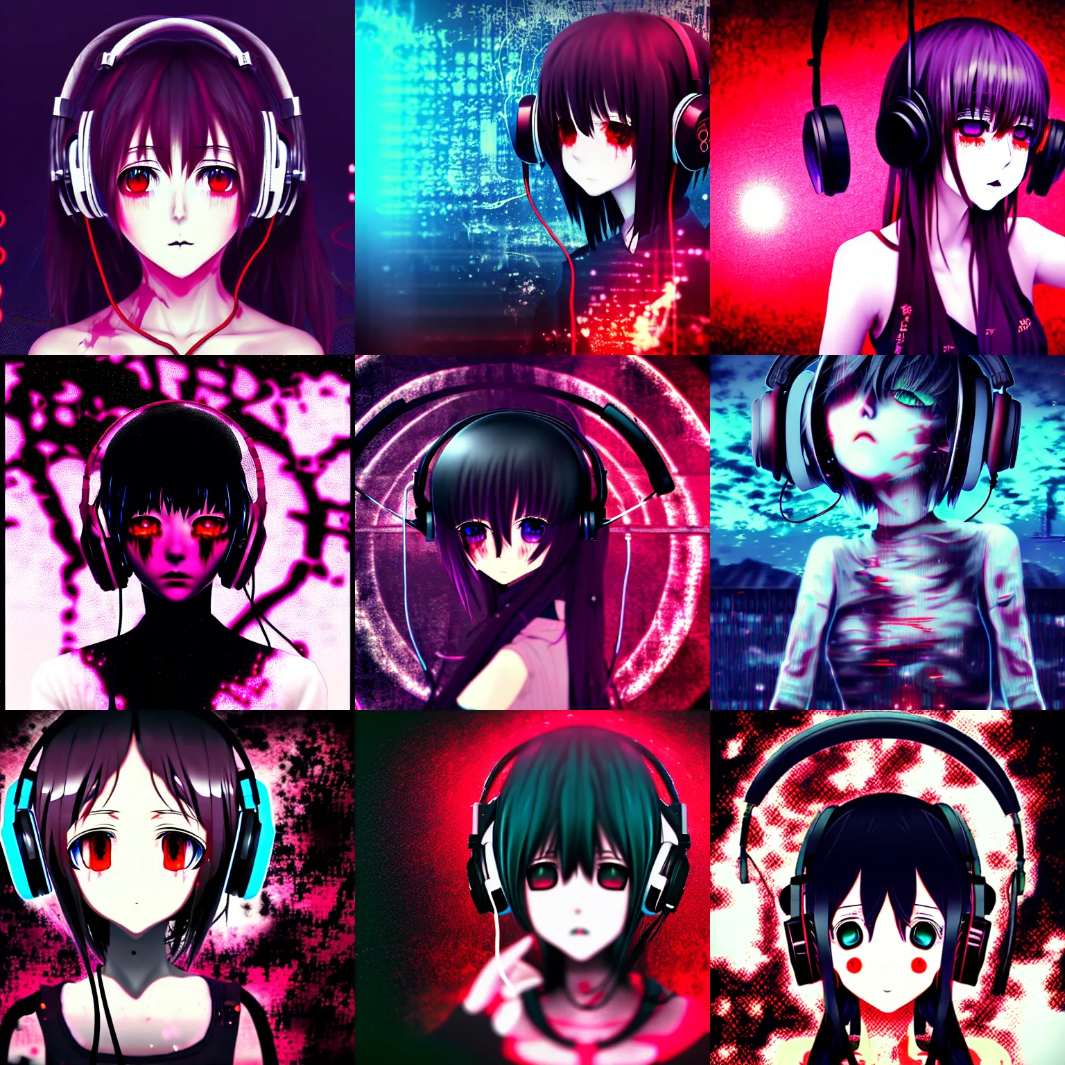 Prompt: bloody anime girl wearing headphones, esoteric fractal glitchy background, dark and gothic, brutal, somber, stylized, japanese, artstation, highly detailed, noisy, vhs glitch, expired film, amazing composition, 4 k