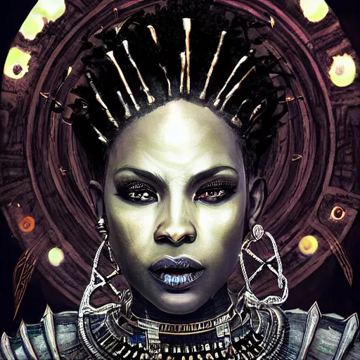 Prompt: a dark and ominous african queen with glowing eyes, a black diamond in her forehead, and jewelry made of bones, magic circles, magic vortex, Apex Legends character digital illustration portrait design, by android jones and greg rutkowski in a cyberpunk voodoo style, detailed, cinematic lighting, wide angle action dynamic portrait