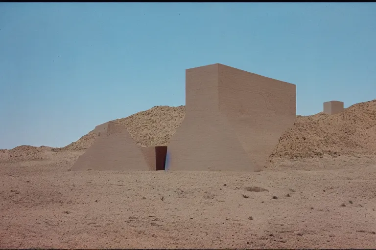 Image similar to film still of esoteric gigantic prehuman building in the desert, by Étienne-Louis Boullée, ektachrome full-HD