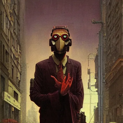 Image similar to portrait of masked cyberpunk scientist on the art deco streets of the Empire city, award-winning realistic sci-fi concept art by Beksinski, Bruegel, Greg Rutkowski, Alphonse Mucha, and Yoshitaka Amano