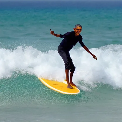 Prompt: barack obama surfing 1 0 0 0 foot wave with a margarita in his hand