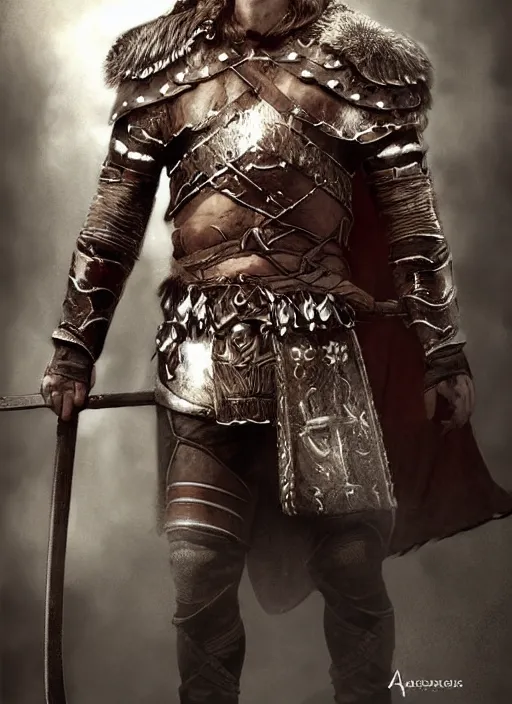 Prompt: aesthetic digital illustration of alexander skarsgard as a kneeling viking warrior, by anne stokes | dirty and bloody, concept art, character concept, matte background. unreal engine, finalrender, centered, deviantart, artgerm