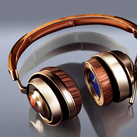 Image similar to masterpiece photo of beautiful crafted artistic bismuth metal headphones, bismuth rainbow metal, bismuth cups, leather padding, displayed on mahogany desk, modernist headphones, bismuth headphones beautiful well designed, hyperrealistic, audiophile, intricate hyper detail, extreme high quality, photographic, meze audio, sennheiser, hifiman, artstation