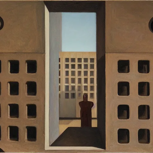 Image similar to first person view of a stark concrete maze, people peering into portholes, grant wood, pj crook, edward hopper, oil on canvas