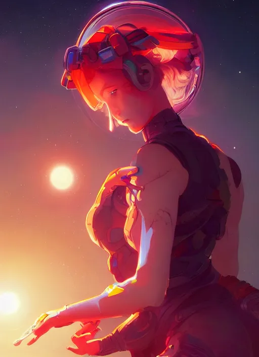 Image similar to a beautiful pensive woman, halo of planets, bright colors, highly detailed, concept art, matte, trending on artstation, anime, art by wlop and artgerm and greg rutkowski, ilya kuvshinov, strong strokes,