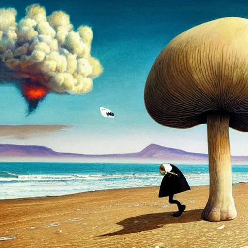 Image similar to a skeleton walking on a beach next to the ocean with nuclear bomb explosion in the background, a naturalism painting by Storm Thorgerson, featured on cg society, matte painting, realistic, chillwave, anatomically correct, light colors, photo-realistic huge mushroom-cloud, skull, hands