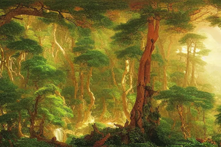 Image similar to top down view of lush pine forest, many witch houses, river flowing through the forest by thomas cole by justin gerard