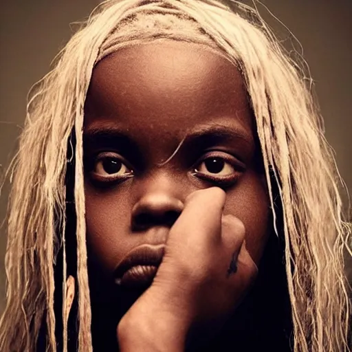 Image similar to billie eilish as an starving african child