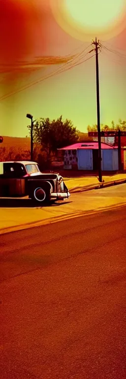 Image similar to a sunset light landscape with historical route 6 6, lots of sparkling details and sun ray ’ s, blinding backlight, smoke, volumetric lighting, colorful, octane, 3 5 mm, abandoned gas station, old rusty pickup - truck, beautiful epic colored reflections, very colorful heavenly, softlight