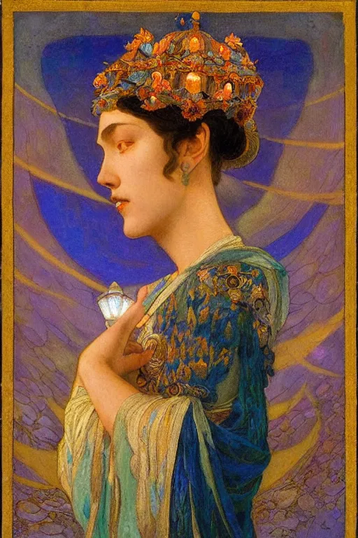 Prompt: queen of the dawn with her lantern and birds, by Nicholas Roerich and Gaston Bussière and jean delville and Annie Swynnerton, elaborate headdress and embroidered velvet, iridescent beetles, rich color, dramatic cinematic lighting, extremely detailed