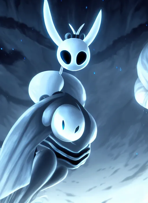 Image similar to cinematic shot, the hollow knight pure vessel dynamic pose space background, shining armor, ultra detailed digital art, 4 k deviantart