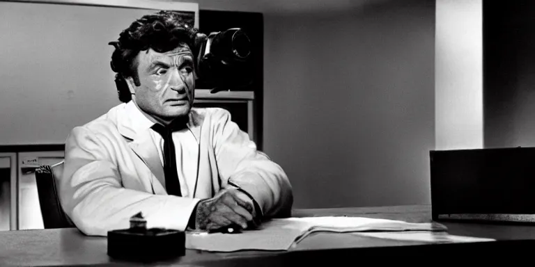 Prompt: photorealistic cinematography of peter falk acting in a 1 9 6 9 episode of columbo shot on 3 5 mm eastman 5 2 5 4 film with a 1 8 mm cooke panchro lens shot by cinematographer russell metty