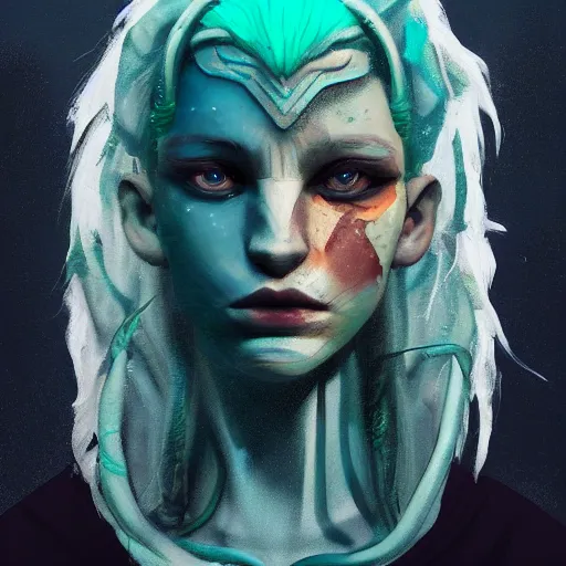 Prompt: Gorgon Avatar with a blond hair, green eyes, and blue skin profile picture by Greg Rutkowski, asymmetrical, Organic Painting , Matte Painting, geometric shapes, hard edges, street art, trending on the artstation:2 by Sachin Teng:4, blur: -4