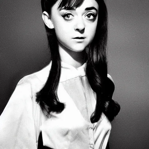 Image similar to a young woman who looks like a cross between audrey hepburn and maisie williams. amused. flirty.