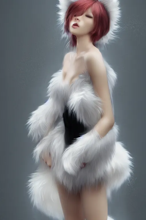 Prompt: beautiful aesthetic full body digital illustration of a young woman wearing a furry white dress, furry white cat ears and tail, by wlop and Julia Razumova, realistic, photorealistic, hyperrealistic, unreal engine, octane, deviantArt, trending on artstation, artstation HQ