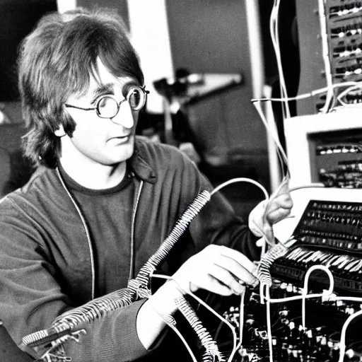 Prompt: photograph of john lennon playing modular synth with lots of wires, portrait, ultra realism, 8 k
