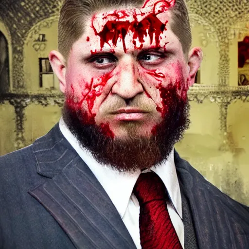 Image similar to ramzan kadyrov became cringe bloody ugly lovecraftian degenerate abomination, photo - realistic, color image, 2 k, highly detailed, bodyhorror, occult art